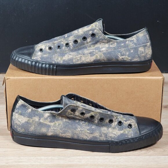John Varvatos Bootleg Shoes Mens Size 12 Camo Black Slip On Low Canvas Sneakers - Picture 1 of 9